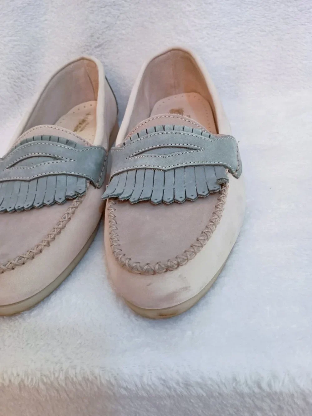 Johnston and Murphy Loafers Sz 11 M Italy Cream Gray Blue Nubuck Leather